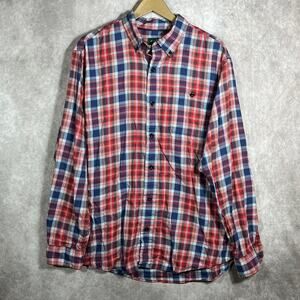 Orvis Shirt Mens Large Red Blue Plaid Button Down Long Sleeves Classic Fit